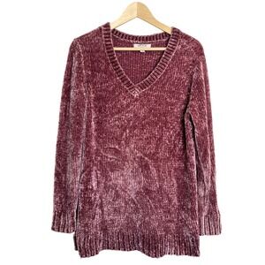 Orvis Chenille Sweater Women's Large Purple Velour Knit Ribbed V-Neck Pullover